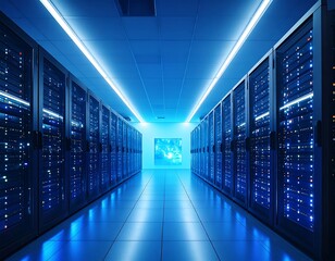 Fototapeta premium Modern server room, illuminated by blue lights