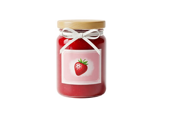 A glass jar of strawberry jam, decorated with a charming strawberry image and a white ribbon, against a black background, highlighting the vibrant red color of the jam.
