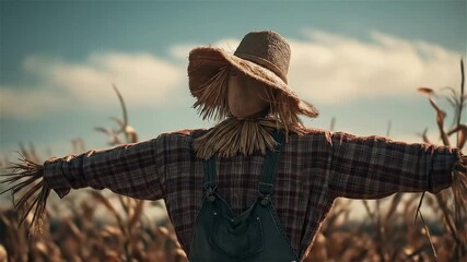 Scarecrow stands watch over golden cornfield under blue sky in serene autumn sunlight while gentle breeze whispers through the stalks - Powered by Adobe