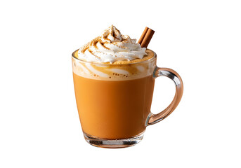 A glass mug filled with a warm, autumnal beverage, topped with whipped cream and cinnamon.