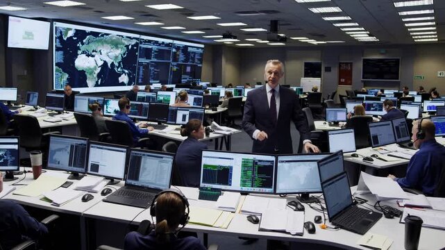 Wide-angle shot of a high-tech control room with multiple screens and operators, resembling a video surveillance center in action.