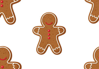 A delightful repeating pattern of gingerbread men, accented with white icing and red icing details, set against a rich black backdrop.