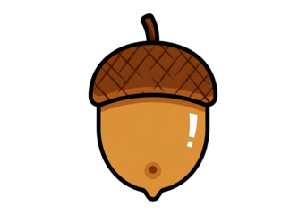 A stylized illustration of an acorn, featuring a simple, cartoonish design.