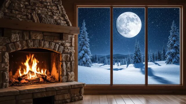 Cozy Fireplace and Winter Moonlit Landscape - A warm and inviting scene featuring a stone fireplace with a crackling fire, viewed from inside a cabin with a large window showcasing a breathtaking