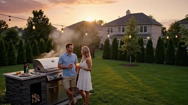 Young couple enjoying barbecue together in backyard during sunset  