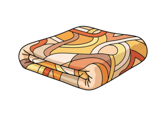 A folded blanket with a vibrant, warm-toned, geometric pattern is displayed against a dark background.