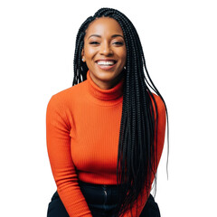 Smiling young woman with braids wearing an orange turtleneck sweater transparent background