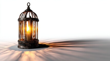 A vintage lantern casting intricate shadows against a white background, illuminated by a warm candlelight glow.