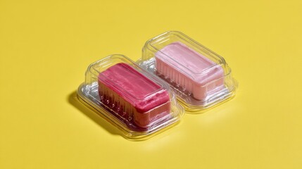 Packaged pink desserts in clear plastic boxes on yellow background for sweets bakery branding or food advertising