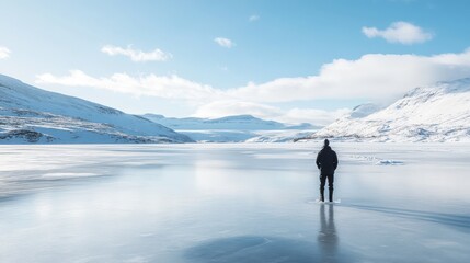 Solitary figure on a frozen lake, surrounded by snow-capped mountains.