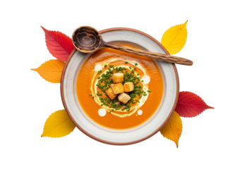 A vibrant bowl of pumpkin soup, garnished with croutons and chives, is beautifully presented against a backdrop of autumn leaves.