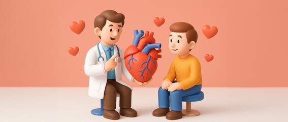 A 3D illustration of a young Caucasian boy sitting on a stool, listening to a male doctor in a white coat explaining heart health with a heart model. Background features heart shapes.