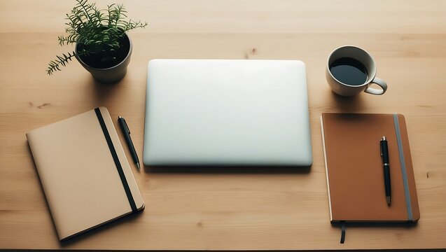 Clean wooden desk setup with closed laptop notebook and coffee cup for productive work
