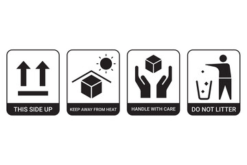 Set of this side up, Fragile, handle with care, keep it dry, keep it away from Heat, 