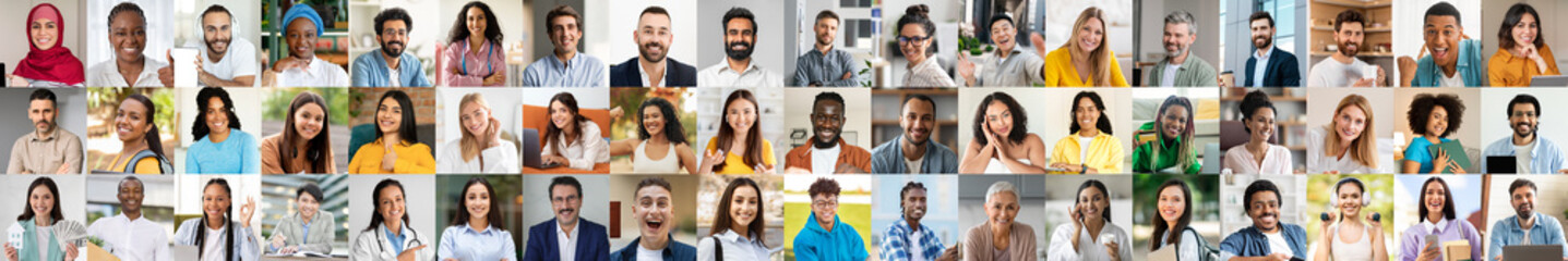 A vibrant collection of portraits features people from various backgrounds smiling joyfully. This...