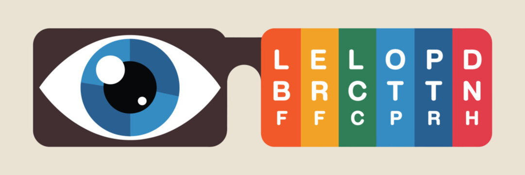 Eye chart test with colorful letters and eye graphic for vision assessment and color blindness detection - Powered by Adobe