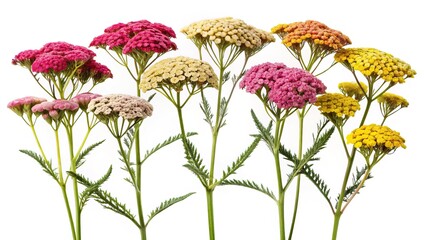 Colorful Achillea millefolium flowers in full bloom against a white background