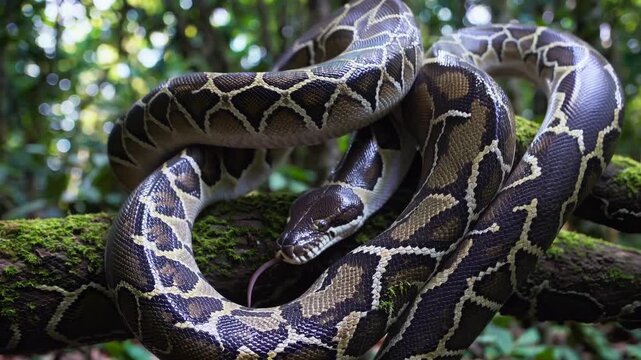 A close-up video angle captures a snake coiled on a mossy branch in a lush forest, highlighting its intricate patterns and the dense greenery around.