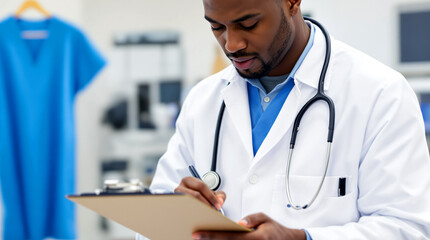 African doctor in clinic, jotting down notes with stethoscope on neck.