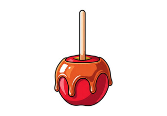 A vibrant depiction of a caramel-coated  on a stick, showcasing a rich caramel topping and a bold red .