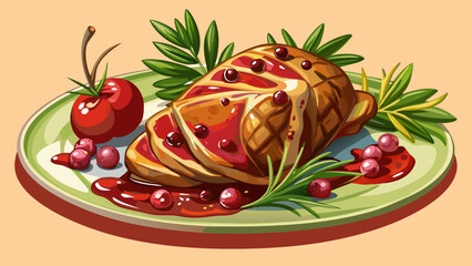 Glazed chicken breast with cranberry rosemary sauce glistens warmly, tender meat infused with sweet tartness, semi-realistic abstraction balancing rustic charm and refined culinary grace.