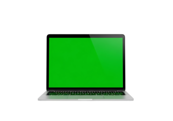 A modern laptop computer with a bright green screen is displayed against a black background.