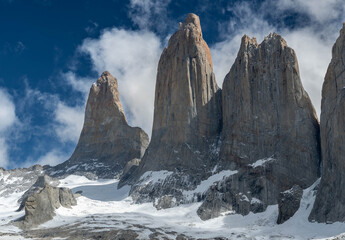 The iconic granite towers of Torres del Paine National Park in Patagonia, Chile, rising above a...