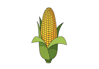 Obraz premium Simple illustration of a corn cob with vibrant yellow kernels and green leaves against a stark black backdrop.