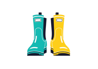 Two bright rain boots, teal and yellow, stand out against a black background, showcasing a simple and bold design.
