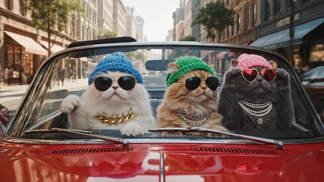 Stylish Cats in Convertible Car - Three fashionable cats wearing knitted hats and sunglasses ride in a red convertible car down a city street.
