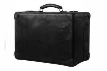 Vintage black leather suitcase closed, symbolizing timeless travel elegance against transparent backdrop