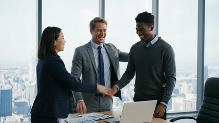 Happy Business Team Celebrating Success - Three diverse business colleagues joyfully shake hands in a modern office with a cityscape view. - Powered by Adobe