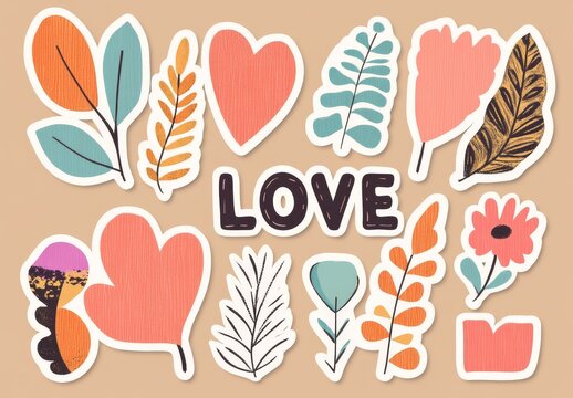 Fototapeta A collection of abstract stickers showcasing a beautiful autumn mood is presented, comprising doodle illustrations with abstract shapes and inscriptions in an A4 layout proportion