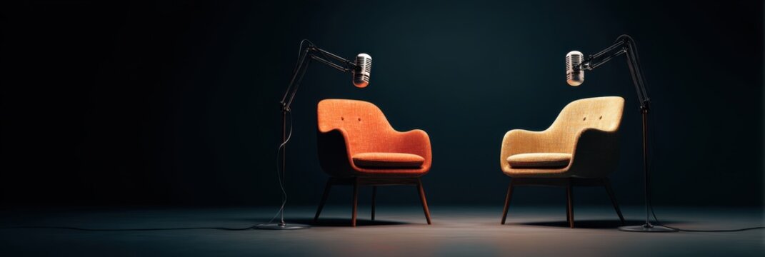 Elegant photo of two chairs and microphones in podcast or interview room isolated on dark background as a wide banner for media conversations or podcast streamers concepts with.