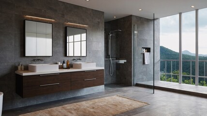 Modern bathroom with sleek design, featuring double sinks and expansive windows, offering a serene mountain view.