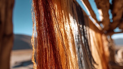 Close medium shot on vibrant camelhair threads drying in a sunlit weaving tent capturing detailed fiber textures against an outoffocus desert horizon.