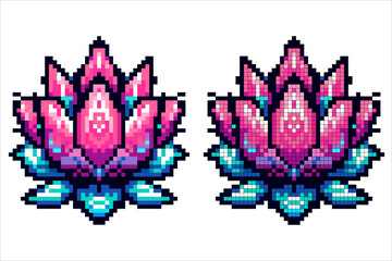 Colorful pixel art features a beautifully detailed lotus flower in shades of pink and blue. The design emphasizes the delicate petals and vibrant hues, creating a striking visual © MARI LI