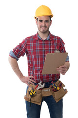 construction worker with tools and helmet isolated on background