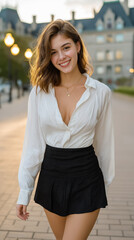 Obraz premium Young woman in white shirt and black skirt walking confidently on city street