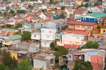 The iconic colorful and eclectic houses built on the steep hills of the historic port city of Valparaiso, Chile, a UNESCO World Heritage Site