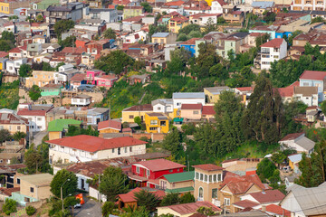 The iconic colorful and eclectic houses built on the steep hills of the historic port city of Valparaiso, Chile, a UNESCO World Heritage Site