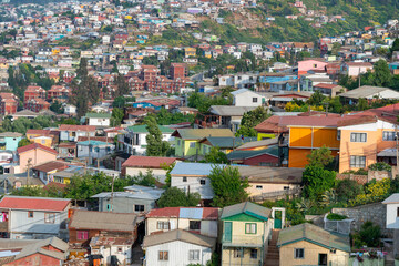 The iconic colorful and eclectic houses built on the steep hills of the historic port city of Valparaiso, Chile, a UNESCO World Heritage Site