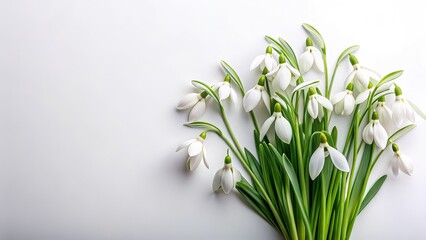 Delicate snowdrop flowers on a clean white background evoking springtime freshness