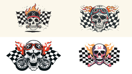 Vintage skull racing emblems with flaming helmets and checkered flags, retro biker style tattoo vector illustration, perfect for motorcycle club and racing designs.