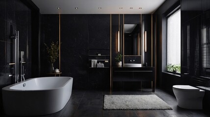 Stylish modern bathroom featuring a sleek freestanding tub and elegant decor in dark tones.