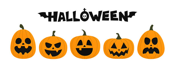Halloween pumpkins set vector design. Halloween orange Jack o lantern character with cute and evil face. Holiday vector illustration isolated on white background for holiday trick or treat collection.