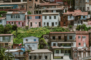 The iconic colorful and eclectic houses built on the steep hills of the historic port city of Valparaiso, Chile, a UNESCO World Heritage Site
