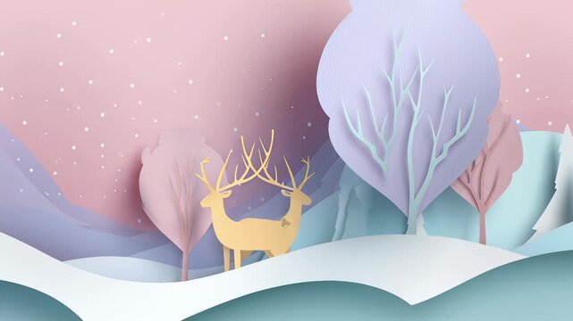 A paper drawing of two deer in a snowy forest. The drawing is colorful and lively, with the deer standing in the snow and the trees in the background