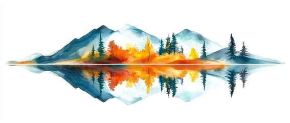 Fototapeta premium The depiction of an autumnal landscape with trees ablaze, reflected in a tranquil lake, exudes a calm yet dynamic atmosphere