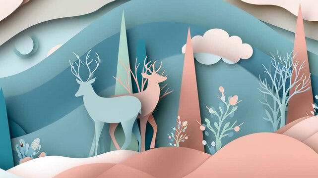 Two paper cutouts of deer standing in a forest with a blue sky in the background. The scene is peaceful and serene, with the deer looking out over the trees and the sky